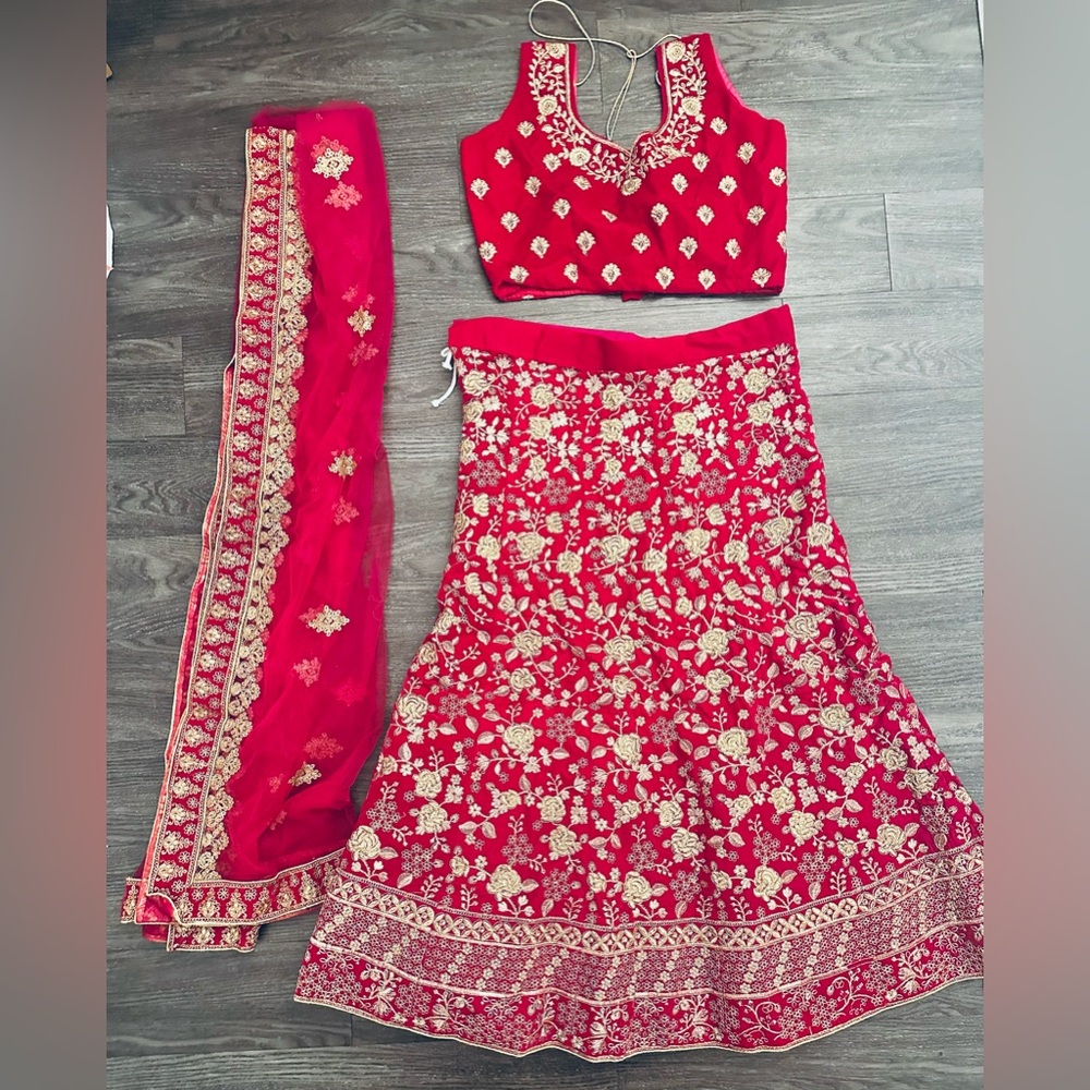 Pink Red Velvet Embroidered Lehenga